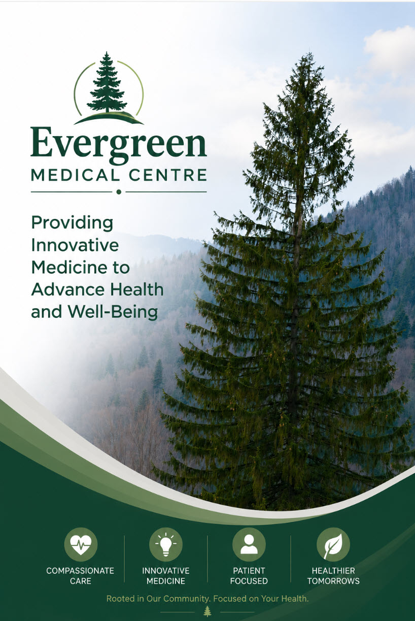 Evergreen Centre for Integrative Medicine brochure cover, featuring a misted evergreen forest and mountain ridgeline in the Pacific Northwest